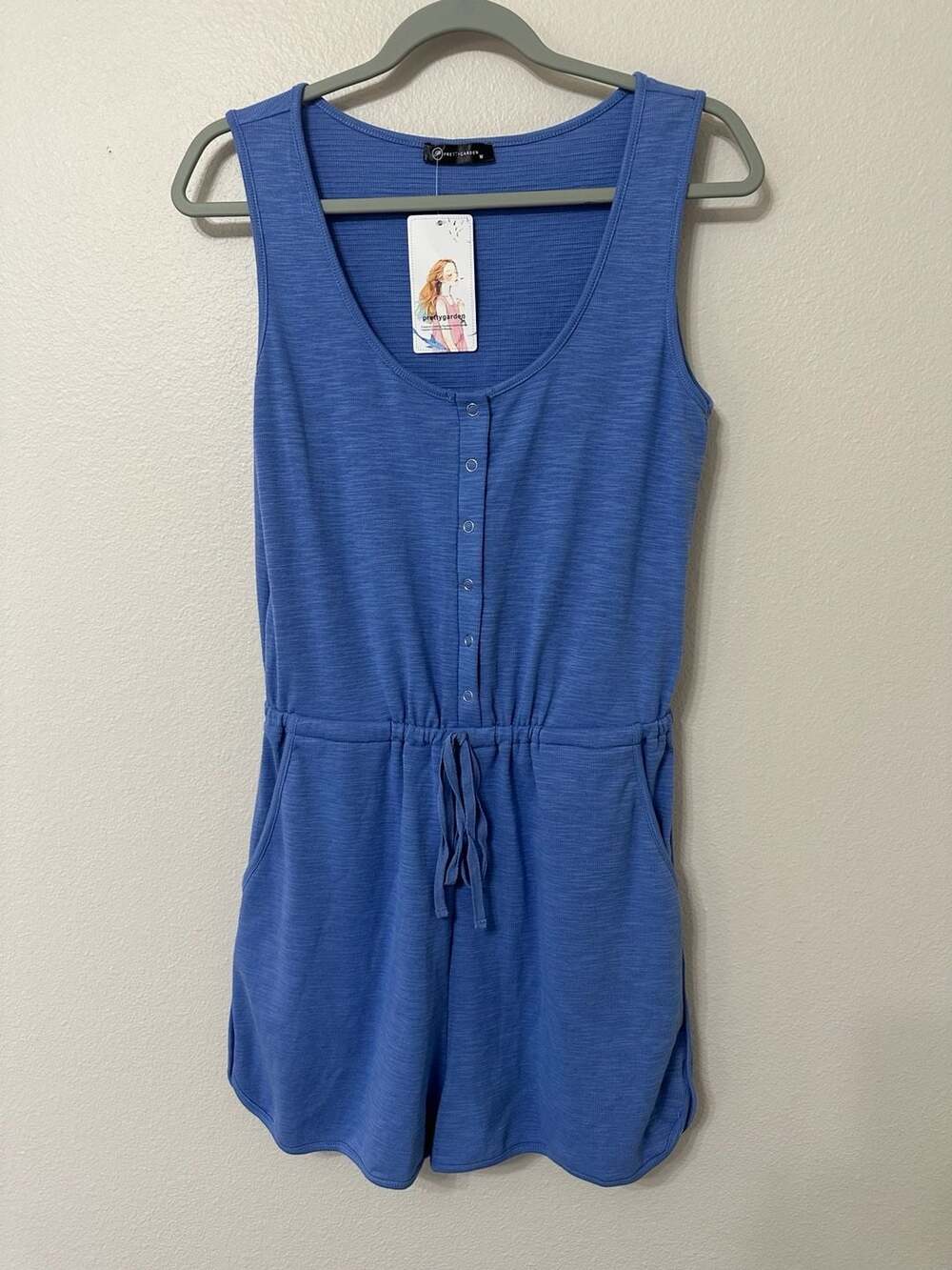 NWT PRETTYGARDEN Women Size M Romper Blue 1/4 Snap Up Crew Neck - Picture 2 of 13